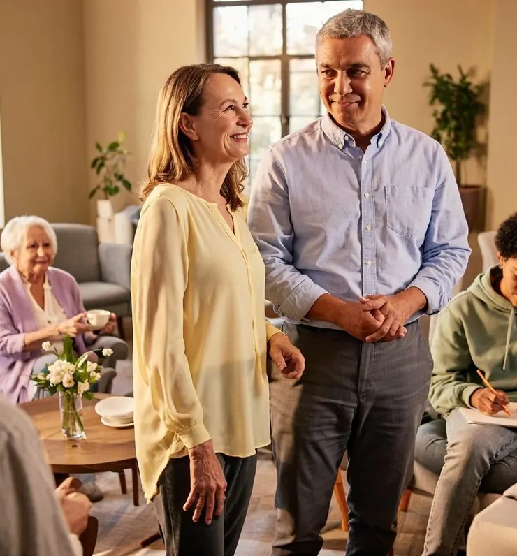 Family members meeting with a carer in a sunny lounge