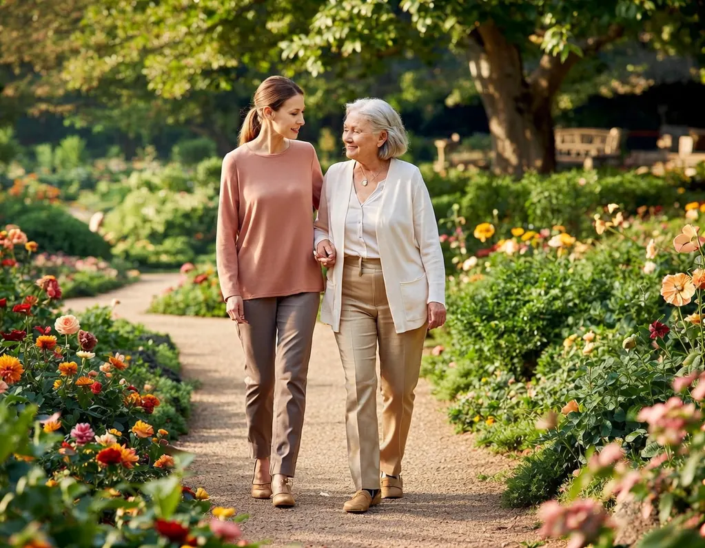 A carer and an older woman walking together in a garden