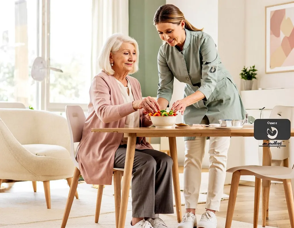A carer helping an older woman prepare a meal at the kitchen table
