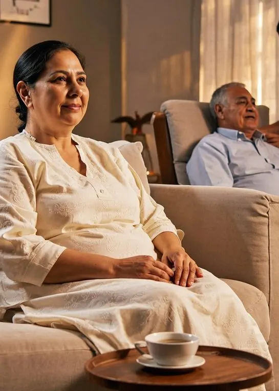 A woman relaxing with a cup of tea in a comfortable armchair